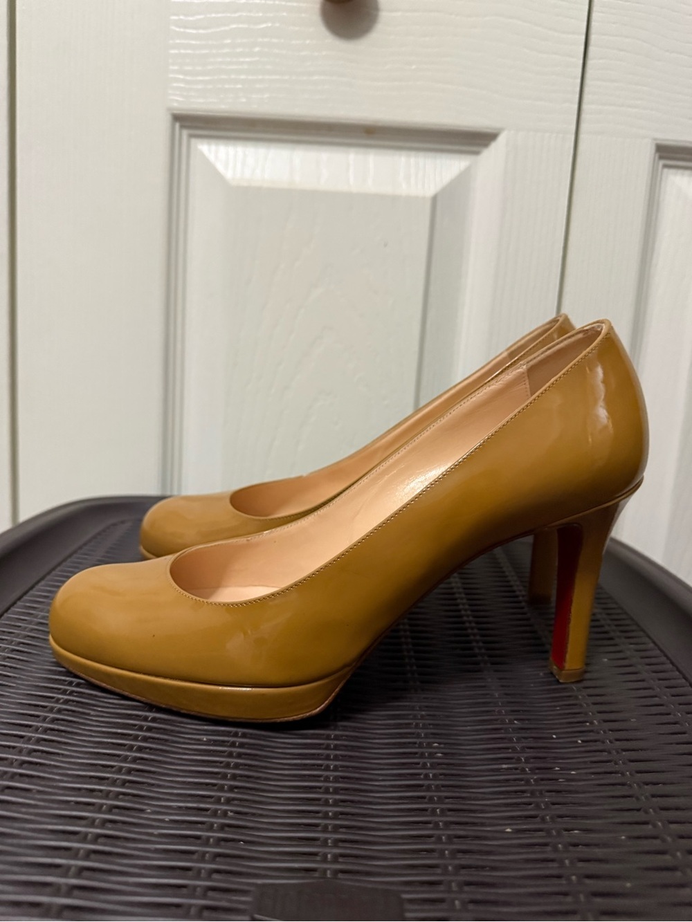 Christian Louboutin Women’s Patent Round-Toe Platform Pump in Camel